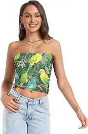 [RPLIFE] Green Yellow Parrots Leaves Cropped Tube Top Strapless Tank Top, Mesh Tube Tops, Trendy Crop Tops (S)