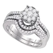 14k White Gold Round Diamond Cluster Bridal Wedding Ring Set 3/4 Cttw