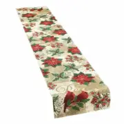 Red Cardinal Tapestr Table Runner Peace Poinsettias Snowflake Holly Berries NEW