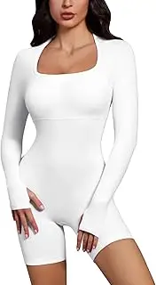 [Micoson] Women's Yoga Rompers Square Neck Long Sleeve Shorts Jumpsuit Bodycon Stretch Workout Built-in Bra