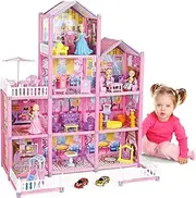 ZALLUC Princess Dream Doll House,4-Story 9 Rooms Kids Play Dollhouse Playset with 2 Dolls Furniture & Accessories,Princess Castle Dollhouse Toy for 3 4 5 6 7 8+ Kids Girls Gifts