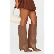 Brown Pu Fold Over Point Toe Heeled Boots, Brown
