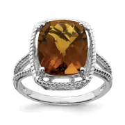 Sterling Silver Rhodium Checker-Cut Whiskey Quartz Gemstone Birthstone Ring Fine Jewelry Gift for Her