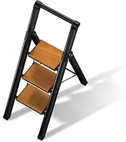 [BEFITMACE] 3 Step Ladder,Folding Step Stool with Aluminum Wide Pedal& Convenient Handgrip,330lbs Capacity Steel Ladder for Household and Office(Black &Woodgrain)