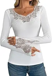 [KEOYA] Women's Long Sleeve T-Shirt Floral Lace Neckline Rhinestone Sparkly Cuffs Soft Casual Blouse