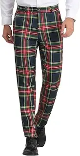 [Lars Amadeus] Men's Plaid Pants Regular Fit Flat Front Classic Elastic Waist Suit Pants