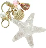 [COLLBATH] Creative Sea Star Shell Key Chain Pearl and Crystal Tassel Key Ring Stylish Keychain Pendant for Women Men