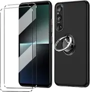 [HuiYouMY] [4-in-1] Case and 2 Tempered Glass for Sony Xperia 1V, with Ring, Case Silicone Case Shockproof Sony Xperia 1V Protective Film Tempered Film Mobile Phone Case Silicone Black