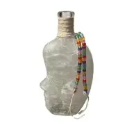 NWOT Glass bottle Face art paper mache with beads Strings, White