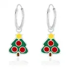 925 Sterling Silver Green Star Christmas Tree Enamel Sleeper Hoop Earrings Kids