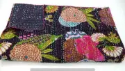 Queen Fruit Print Black Summer Kantha Quilt Boho Cotton Home Dorm D?cor Blanket