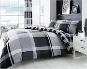 GC GAVENO CAVAILIA Geometric Duvet Cover, Checked Bedding Double Bed Set, Warm & Reversible Quilt Covers, Grey