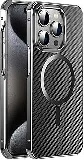 Yohryi Case for iPhone 15 Pro Max/15 Pro, Ultra-Thin Lightweight Metal Frame Anti-Scratch Protective Matte Frosted Carbon Fiber Texture PC Back with Camera Protection,Black,15 Pro
