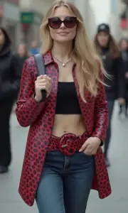 Women Fashion Elastic Red Wide Belt Animal Print Hip Hop Leopard Adjustable M L