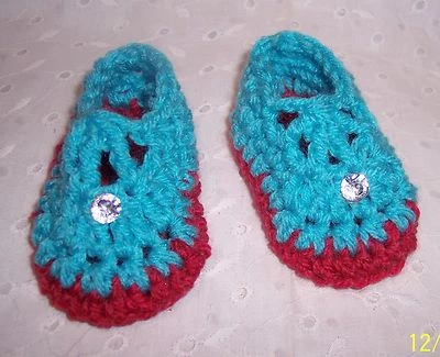 INFANT BABY -LITTLE BOOTIES SHOES - BLUE W/SPARKLING GEM = 0-3 MO.-HANDMADE USA
