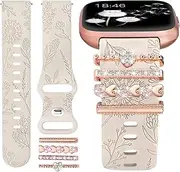 [Minyee] Floral Engraved Band with Charms Compatible with Fitbit Versa 2/Fitbit Versa/Versa Lite Bands Women,Bling Decorative Ring Loop Cute Soft Silicone Flower Fancy Strap for Versa 2 Watch(with Band)