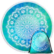 White Mandala over Bright Blue Green Round Beach Towel