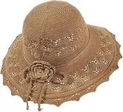 [Jusavie] Womens Ruffled Flowers Beach Hat Wide Brim Straw Sun Hat Foldable Floppy Summer Cap for Travel Decoration