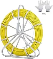 VEVOR Fish Tape Fiberglass,425FT/129M,6.3mm, Duct Rodder Fishtape Wire Puller, Cable Running Rod with Steel Reel Stand, 3 Pulling Heads, Fishing Tools for Walls and Electrical Conduit, Non-Conductive