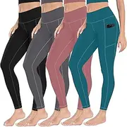 [MIRITY] High Waist Yoga Leggings with Pockets for Women - Buttery Soft Workout Stretchy Yoga Pants Pack of 4, Black+Grey+peachpink+aquablue, Large