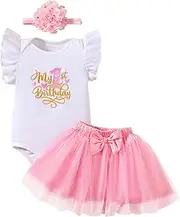 [Magic Park] 9-12M Baby Girl 1st Birthday Outfits Girls My First Birthday Clothes One Birthday Bodysuit Skirt Set With Headband