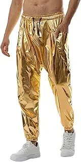 [Vnihaq] Mens Metallic Shiny Sweatpants Drawstring Elastic Waist Disco Pants Party Nightclub Dance Rave Cosplay Tapered Trouser