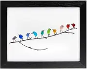 RQPQBO Sea Glass Rainbow Birds On Branch Sea Glass Birds Art Wall Decor With Wood Frame Coastal Love Notes Rainbow Birds For Home Room Wall Decor (Black Frame 10 birds)