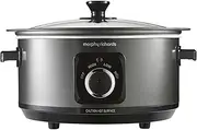 Morphy Richards 6.5L Sear and Stew Slow Cooker with Detachable Hinged lid, Shatter Resistant Aluminium Pot, 3 Heat Settings, Hob Proof, Easy Clean, 163W, Black, 461020