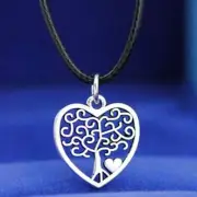 Charm Tree of Life Heart Pendant Silver Black Leather Cord Choker Necklace