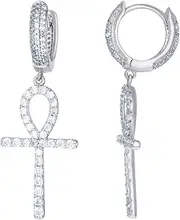 [JewelryWeb] 925 Sterling Silver Womens CZ Simulated Diamond Egyptian Ankh Cross Religious Dangle Hoop Earrings-Hoop Earring for Women