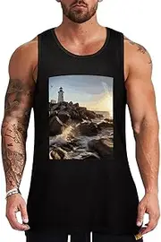 [NQHJT] Men Tank Tops Lighthouse Rocks Seaside Sleeveless T Shirts for Men's Fitness Quick Dry Gym Tank Top for Men