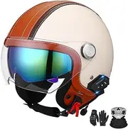 Bluetooth Motorcycle Helmet ECE Certification Leather Jet Helmet Scooter Helmet Jet Helmet for Adults Men Women with Double Sun Visor