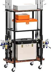 TC-HOMENY Fishing Rod Holder for Garage: 10-Rod Fishing Pole Rack Cart, 3-Layer Storage, Fits All Rods