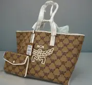 AUTH NWT MCM Himmel Lauretos OTH Medium Jacquard Tote Shopper-Beige/ Natural