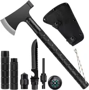 Survival Axe，Multitool Axe Set, Large Camping Axe with Hammer Whistle Compass Sh