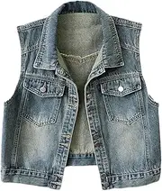 [Jegsnoe] Women's Denim Vests Vintage BF Style Street Casual Turn Down Collar Fashion Sleeveless Jean Jacket