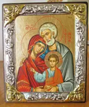WOOD, SILVER-GILT OKLAD ORTHODOX ICON "HOLY FAMILY", "СВЯТОЕ СЕМЕЙСТВО"...