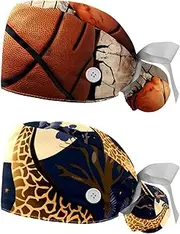 [YTYVAGT] 2-Pc,Nurse Scrub Caps,Scrub Hats with Buttons and Cotton Sweatband,3D Pattern Basketball Wall