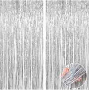 4 Pcs Silver Tinsel Foil Fringe Curtains Backdrop, Silver Streamer Backdrop Curtain for Party Wedding Holiday Decorations Fringe Backdrop Photo Booth Props, Parties Silver Streamers