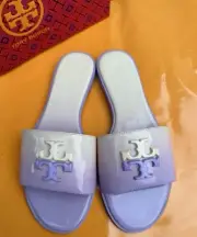 NIB Tory Burch Everly Slide Flat Soft Patent Leather Lavender Ombré W Logo Sz 7