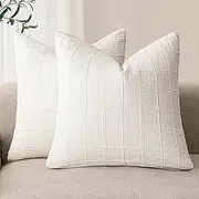 Foindtower Set of 2 Decorative Linen Check Throw Pillow Covers Neutral Farmhouse Vintage Cushion Covers Modern Boho Home Decor for Sofa Chair Couch Bedroom Living Room Outdoor,20×20 Inch,Cream White