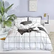 Wellboo White Plaid Duvet Cover Sets Cotton Black and White Grid Checkered Bedding Covers Queen Women Men Large Plaid Comforter Covers Full Modern White Geometric Quilt Covers Aesthetic Soft Health