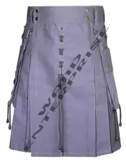 Scottish Handmade Grey Cotton Utility - Hybrid Kilt For Men's - Custom Size kilt