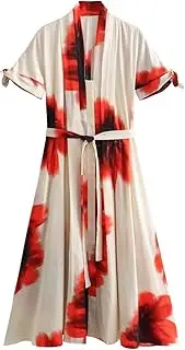 [Generic] 2024 Print Shirt Dress Women Pleated Long Dresses for Women Short Sleeve Midi Dresses Belt Button Female Dress