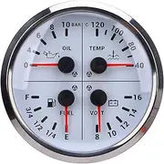 Multifunction Gauge, 4 in 1 Automotive Multi Gauges, Fuel Level/Oil Pressure (0-10bar) / Water Temp (104-248°F) / Voltmeter (8-16V DC), Fits for RV Yacht Truck (White Dial)