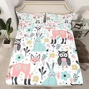 Fox Rabbit Owl Bed Sheet Set Full Size, Cartoon Fox Bedding Set for Kids Toddler Cute Rabbit Fitted Sheet Tropical Kawaii Animal Bed Cover Lightweight Bed Set