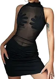 [Caviotess] Women Sexy See Through Mesh Mini Dress Fashion Patchwork Sleeveless Ruched Bodycon Party Club Dress