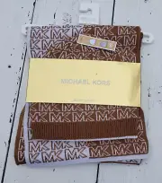 MICHAEL KORS Women's Camel Brown White Reversible Beanie Hat Scarf 2 Pc Set NEW