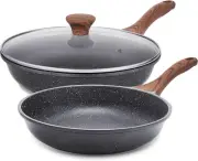SENSARTE Nonstick Frying Pan Skillets, Swiss Granite 8+11 Inch w/ Lid, Gray