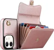 for iPhone 11 Case,Wallet Case Card Holders for iPhone 11,PU Leather Card Slots Phone Cover Kickstand Feature with Strap Wrist, Crossbody Lanyard [Rose Gold]